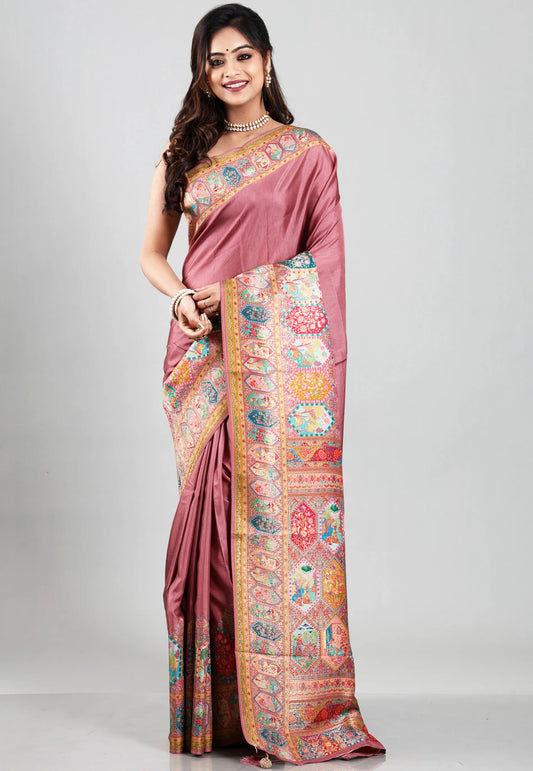 Onion Pink Kani Silk Saree With Blouse Piece