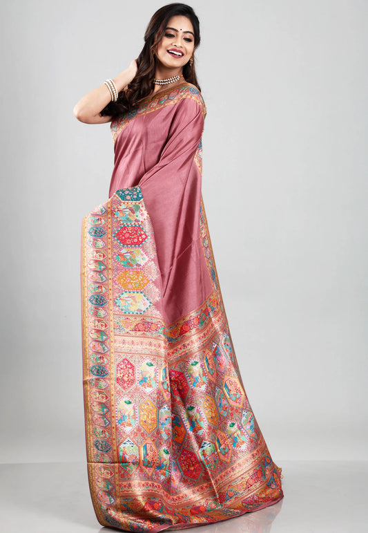 Onion Pink Kani Silk Saree With Blouse Piece