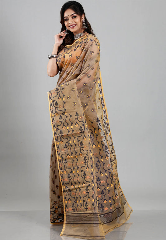 Beige Dhakai Jamdani Cotton Saree without Blouse Piece