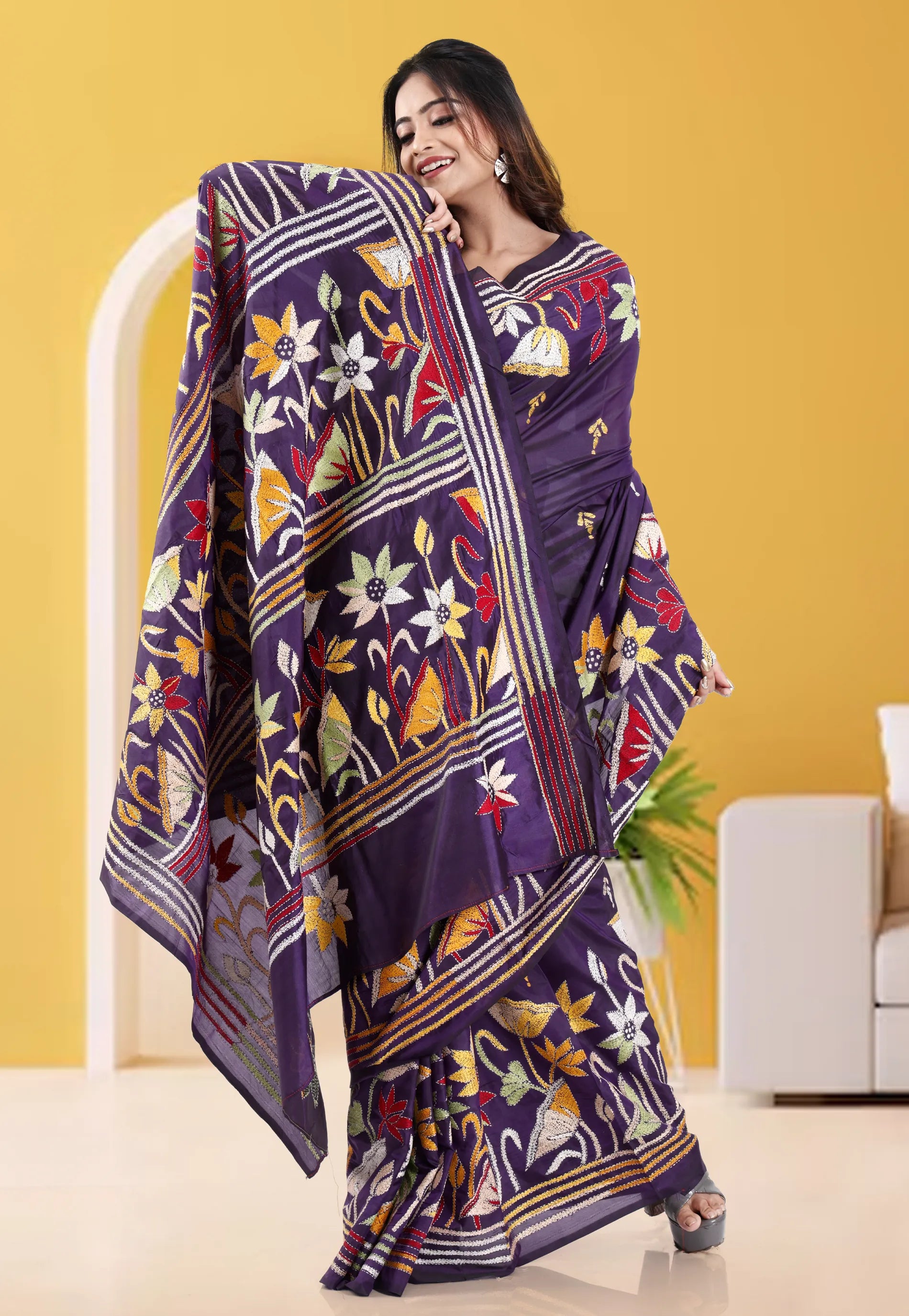 Purple Blended Silk Kantha Saree With Blouse Piece