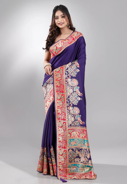 Purple Kani Silk Saree With Blouse Piece