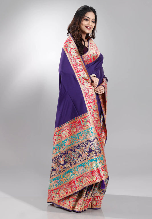 Purple Kani Silk Saree With Blouse Piece