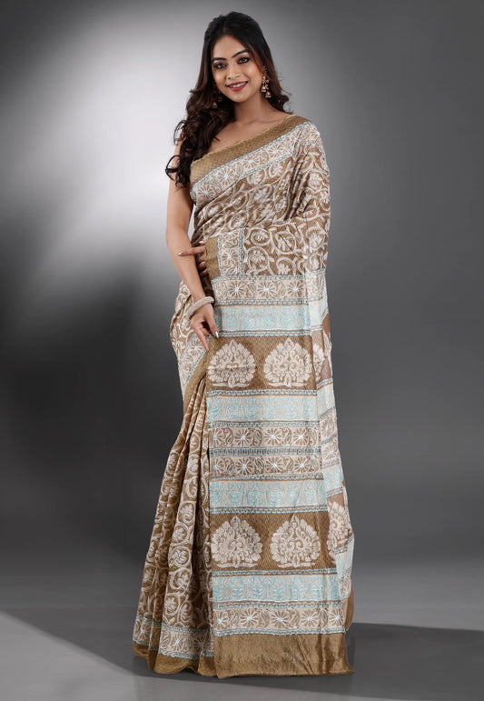 Beige Pure Kantha Silk Saree With Blouse Piece