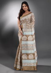 Beige Pure Kantha Silk Saree With Blouse Piece