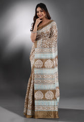 Beige Pure Kantha Silk Saree With Blouse Piece