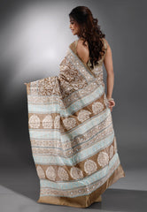 Beige Pure Kantha Silk Saree With Blouse Piece