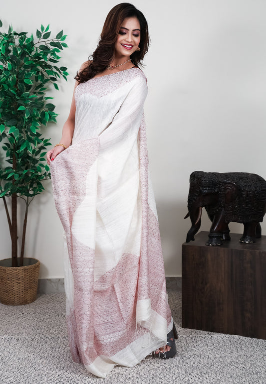 White Matka Handloom Pure Silk Saree With Blouse Piece