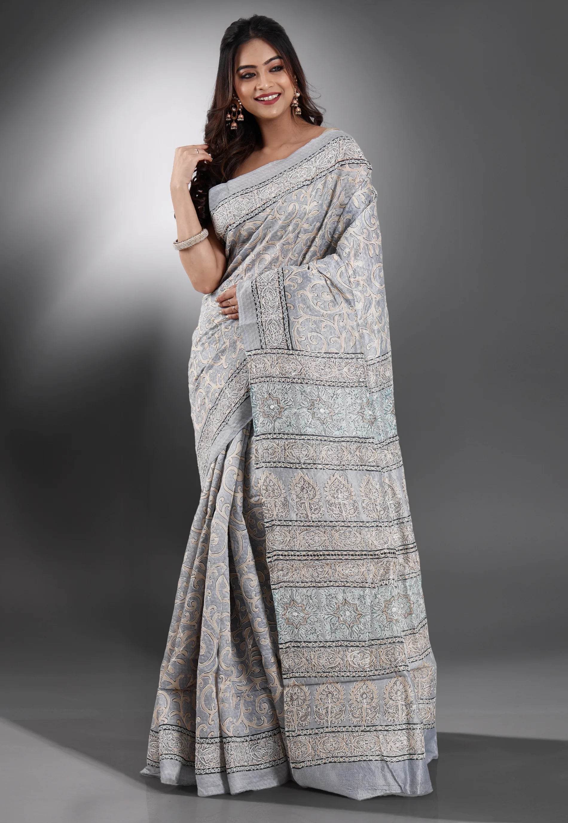 Grey Pure Kantha Silk Saree With Blouse Piece - Adi Akshoy & Co.