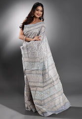 Grey Pure Kantha Silk Saree With Blouse Piece - Adi Akshoy & Co.