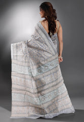 Grey Pure Kantha Silk Saree With Blouse Piece - Adi Akshoy & Co.