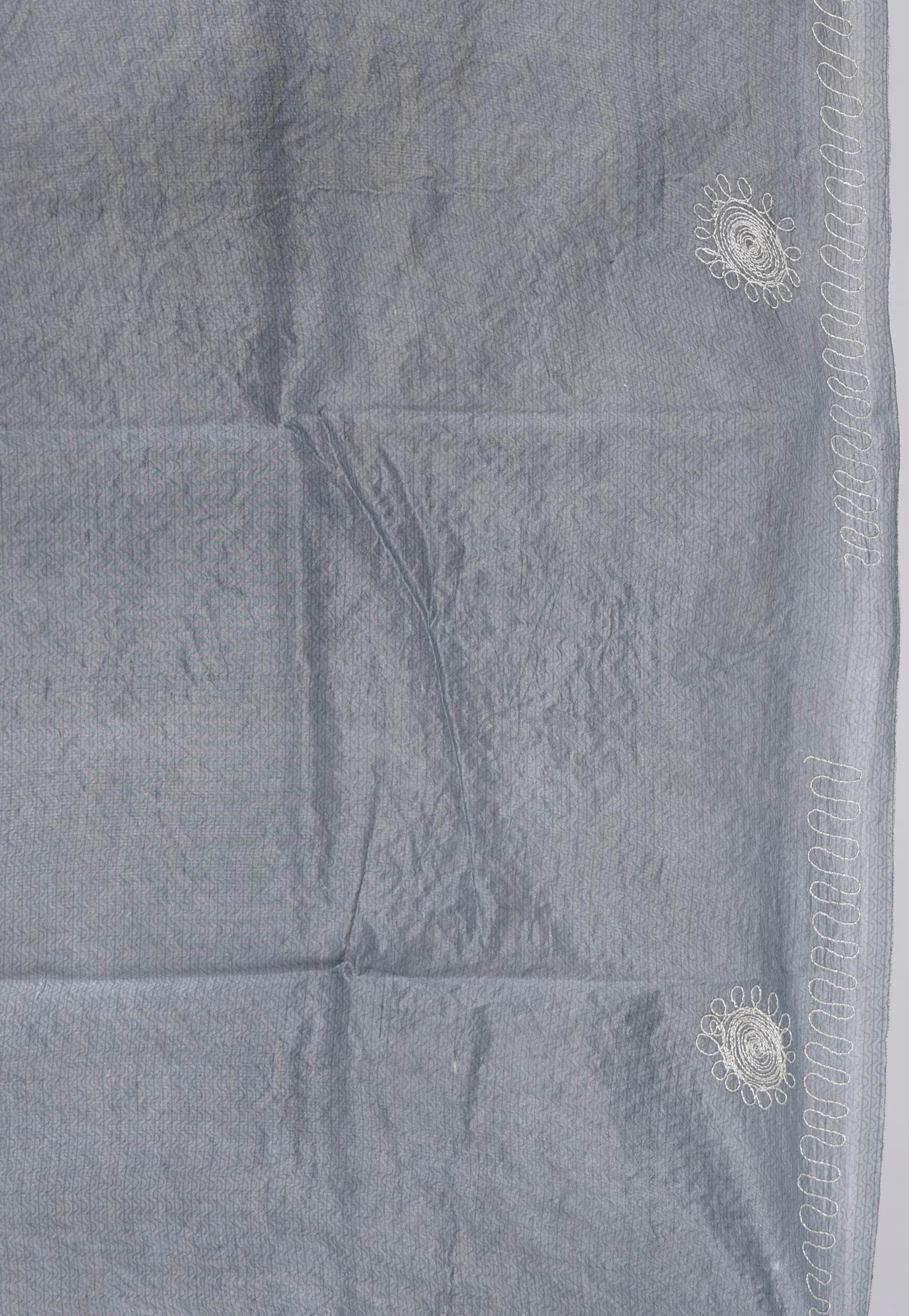 Grey Pure Kantha Silk Saree With Blouse Piece - Adi Akshoy & Co.