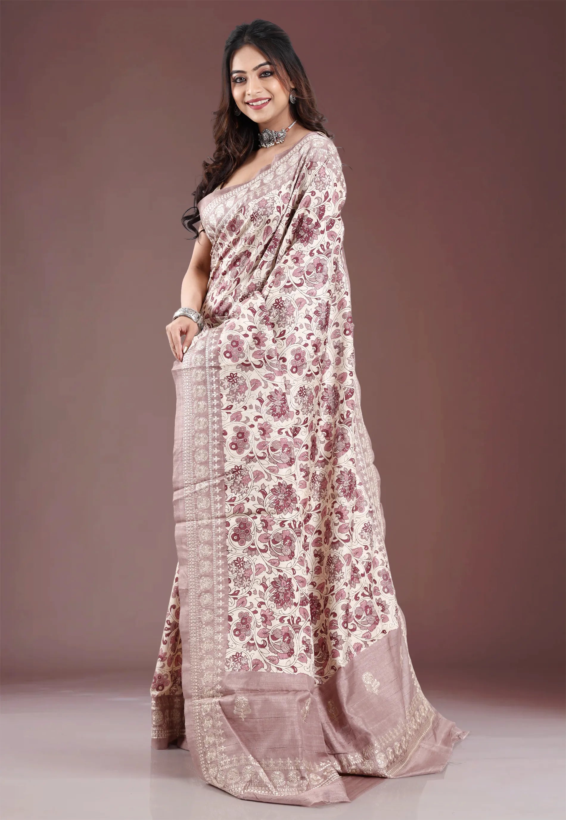 Tussar Colour Tussar Silk with Embroidery Work Saree with Blouse Piece