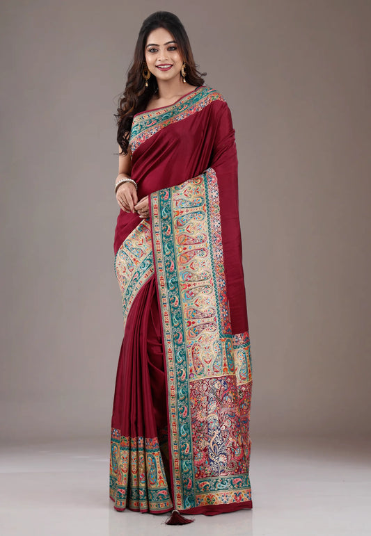 Maroon Kani Silk Saree With Blouse Piece
