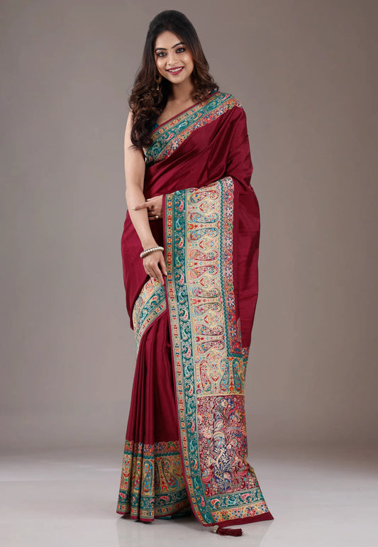 Maroon Kani Silk Saree With Blouse Piece