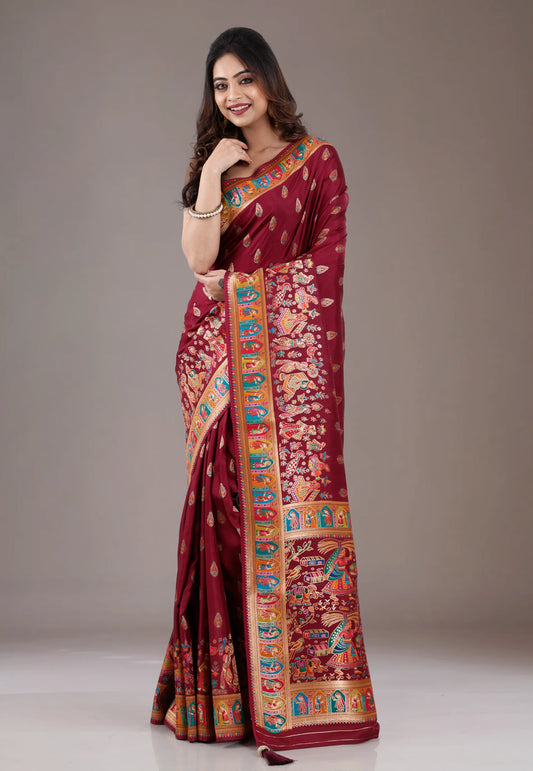 Maroon Kani Silk Saree With Blouse Piece