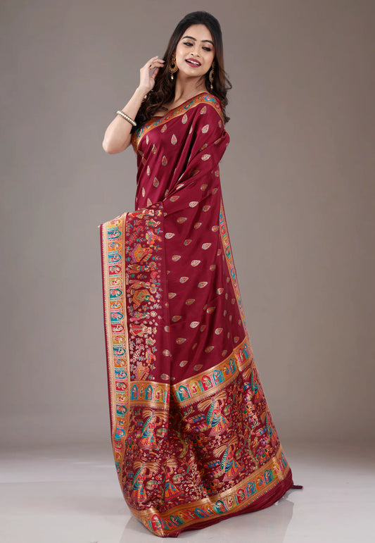 Maroon Kani Silk Saree With Blouse Piece
