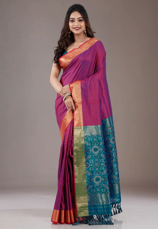 Magenta Ikkat Silk Saree With Blouse Piece