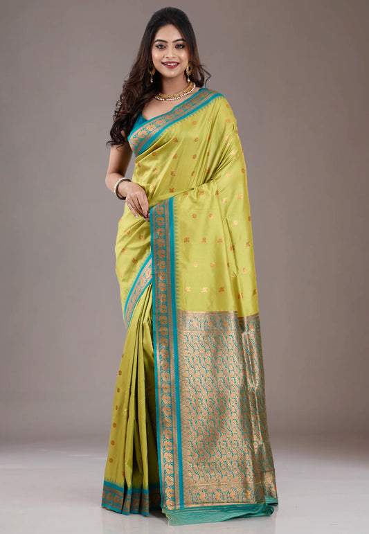 Lime Green with Rama Green Border Kanjivaram Silk Saree With Blouse Piece