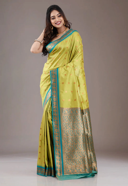 Lime Green with Rama Green Border Kanjivaram Silk Saree With Blouse Piece