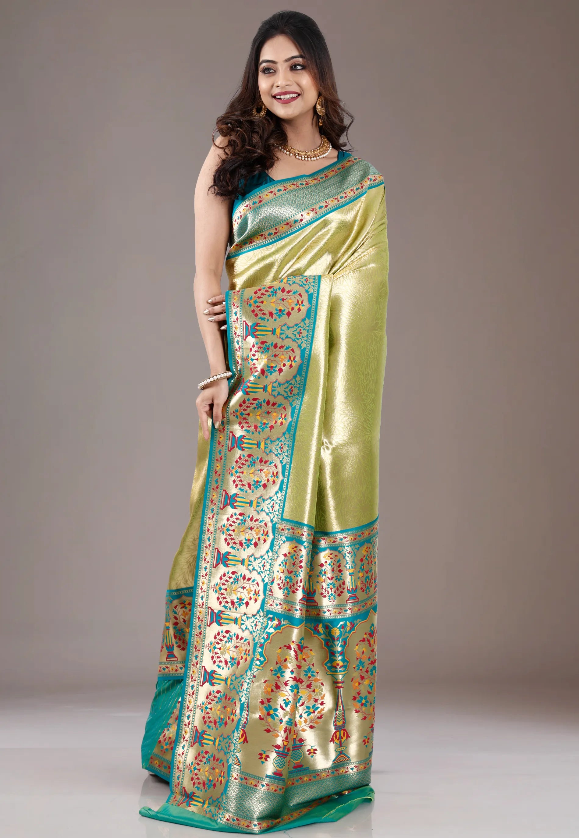 Green Brocade with Rama Green Border Tissue Kanjivaram Silk Saree With Blouse Piece