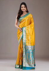 Mustard with Rama Green Border Mashru Silk Saree with Blouse Piece