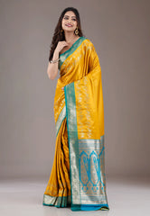 Mustard with Rama Green Border Mashru Silk Saree with Blouse Piece