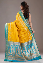 Mustard with Rama Green Border Mashru Silk Saree with Blouse Piece