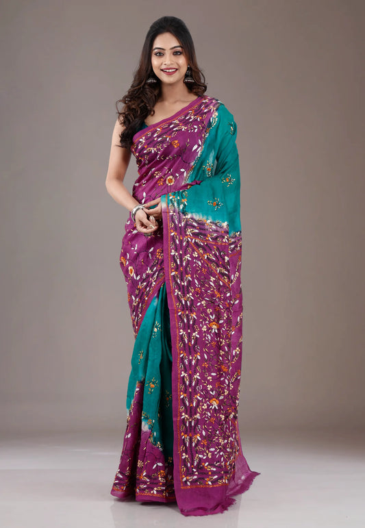 Rama Green with Rust Border Pure Kantha Silk Saree With Blouse Piece