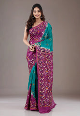 Rama Green with Rust Border Pure Kantha Silk Saree With Blouse Piece