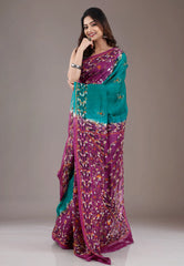 Rama Green with Rust Border Pure Kantha Silk Saree With Blouse Piece