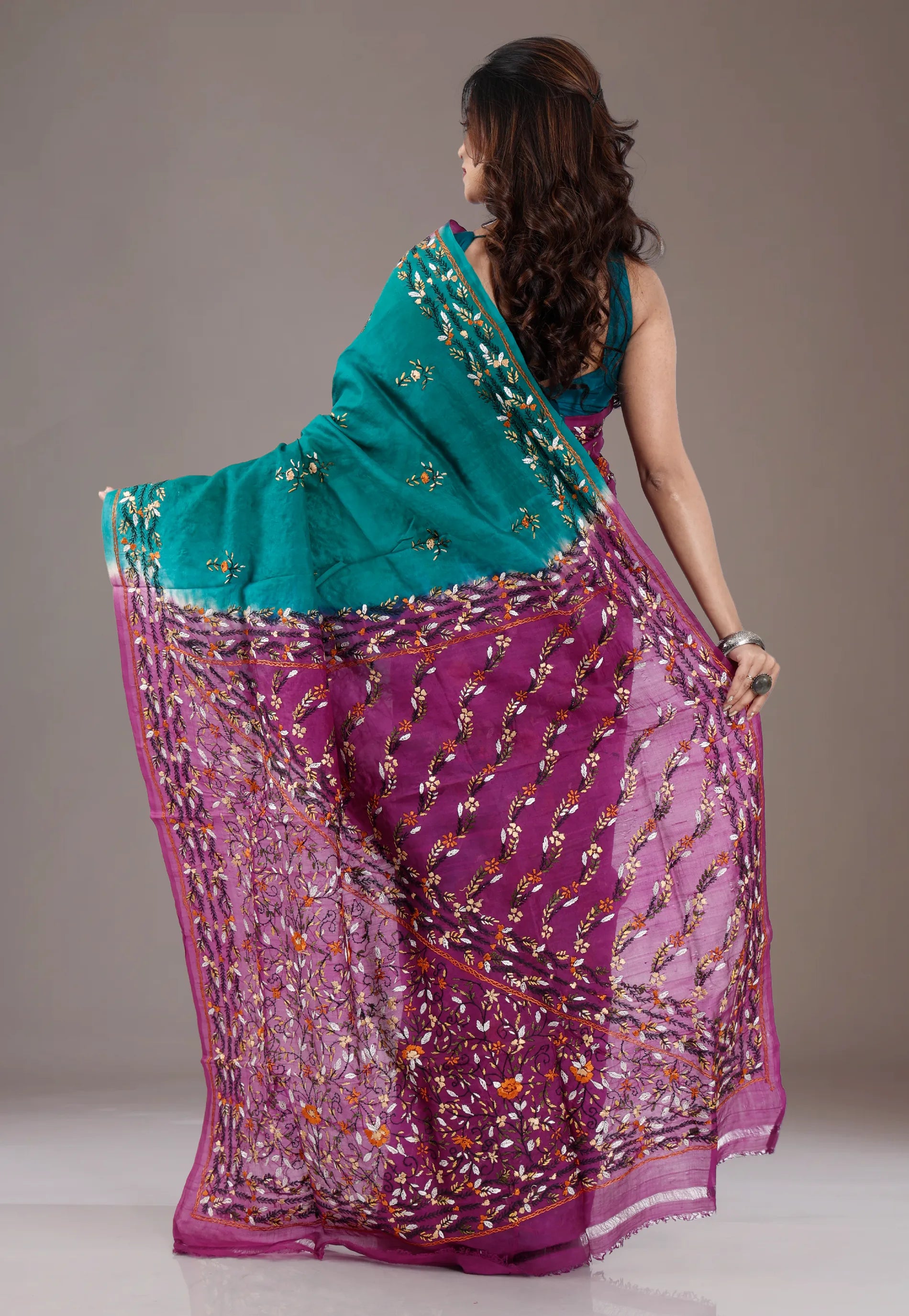 Rama Green with Rust Border Pure Kantha Silk Saree With Blouse Piece
