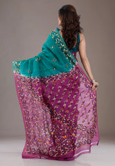 Rama Green with Rust Border Pure Kantha Silk Saree With Blouse Piece