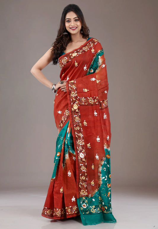 Rama Green with Rust Border Pure Kantha Silk Saree With Blouse Piece