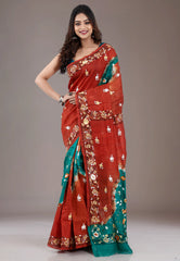 Rama Green with Rust Border Pure Kantha Silk Saree With Blouse Piece