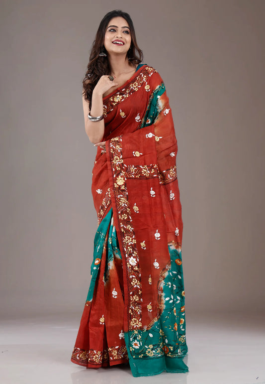 Rama Green with Rust Border Pure Kantha Silk Saree With Blouse Piece