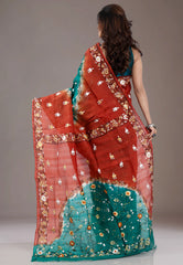 Rama Green with Rust Border Pure Kantha Silk Saree With Blouse Piece