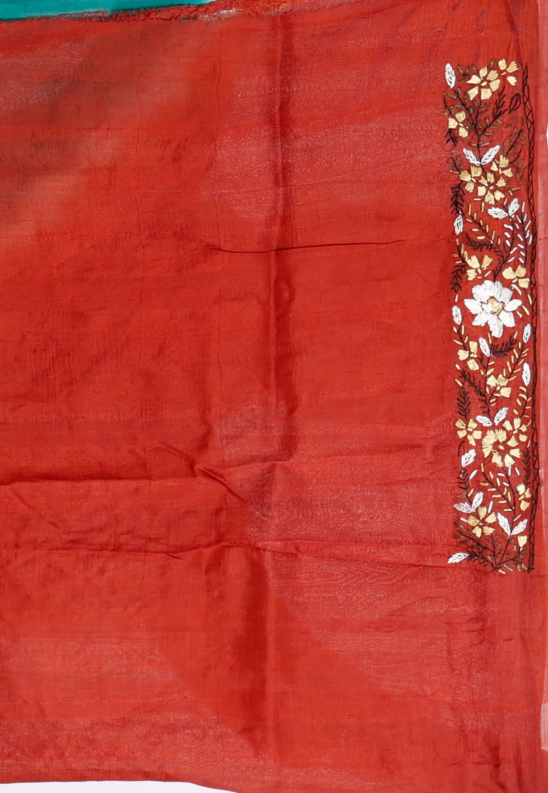 Rama Green with Rust Border Pure Kantha Silk Saree With Blouse Piece