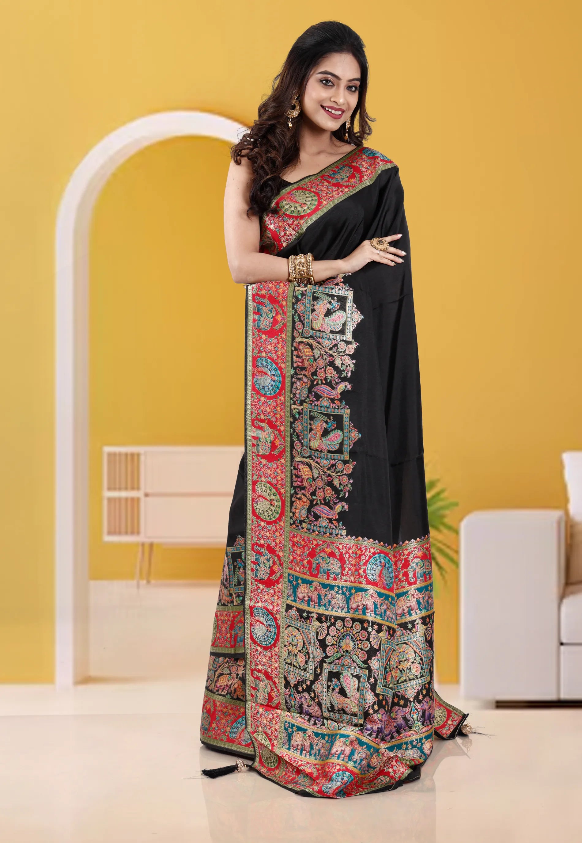 Black Kani Silk Saree With Blouse Piece