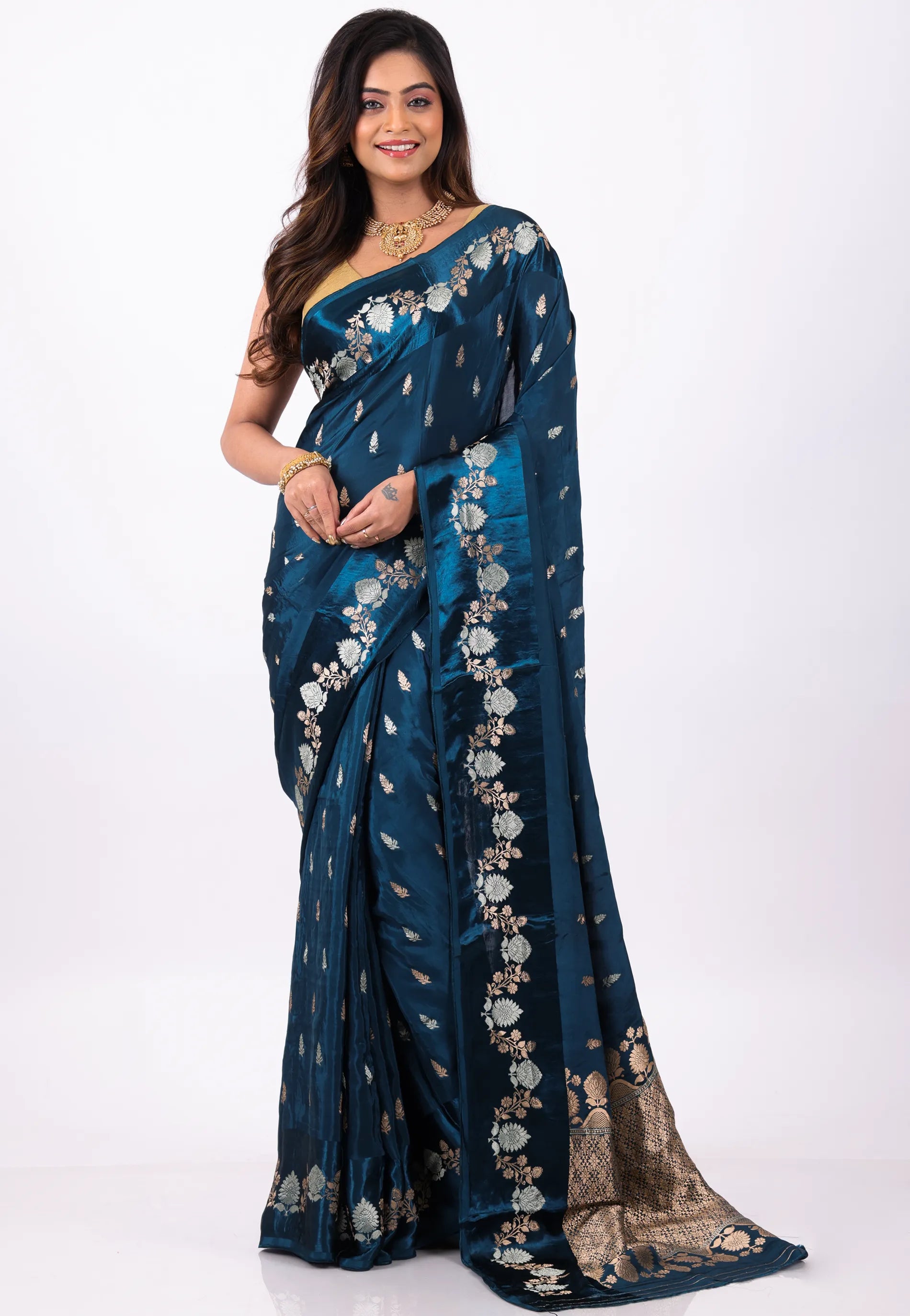 Deep Turquoise Blue Mashru Silk Saree With Blouse Piece - Adi Akshoy & Co.