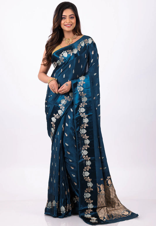 Deep Turquoise Blue Mashru Silk Saree With Blouse Piece - Adi Akshoy & Co.