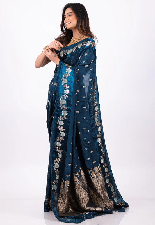 Deep Turquoise Blue Mashru Silk Saree With Blouse Piece - Adi Akshoy & Co.