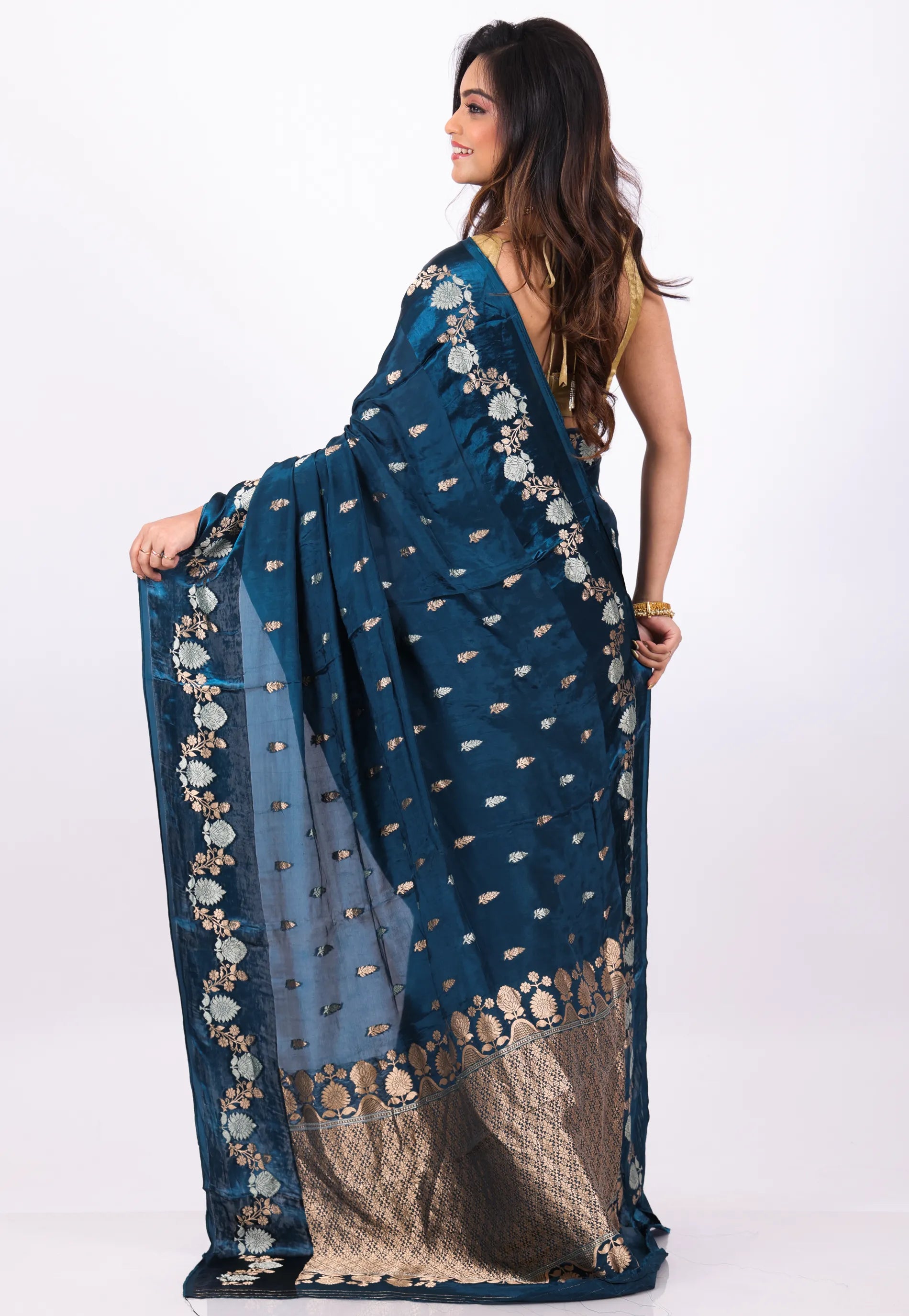 Deep Turquoise Blue Mashru Silk Saree With Blouse Piece - Adi Akshoy & Co.