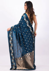Deep Turquoise Blue Mashru Silk Saree With Blouse Piece - Adi Akshoy & Co.