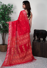 Red cotton Handloom Saree With Blouse Piece