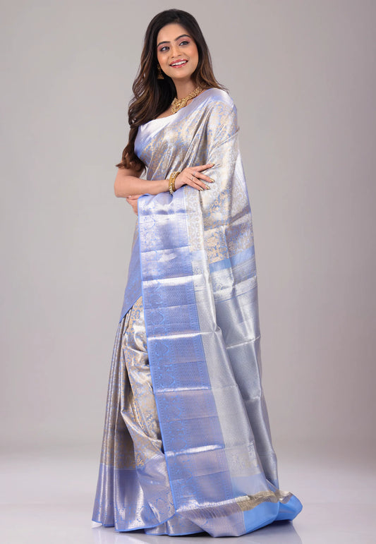 Light Blue with Zari Work Pure Tissue Kanjivaram Silk Saree With Blouse Piece - Adi Akshoy & Co.