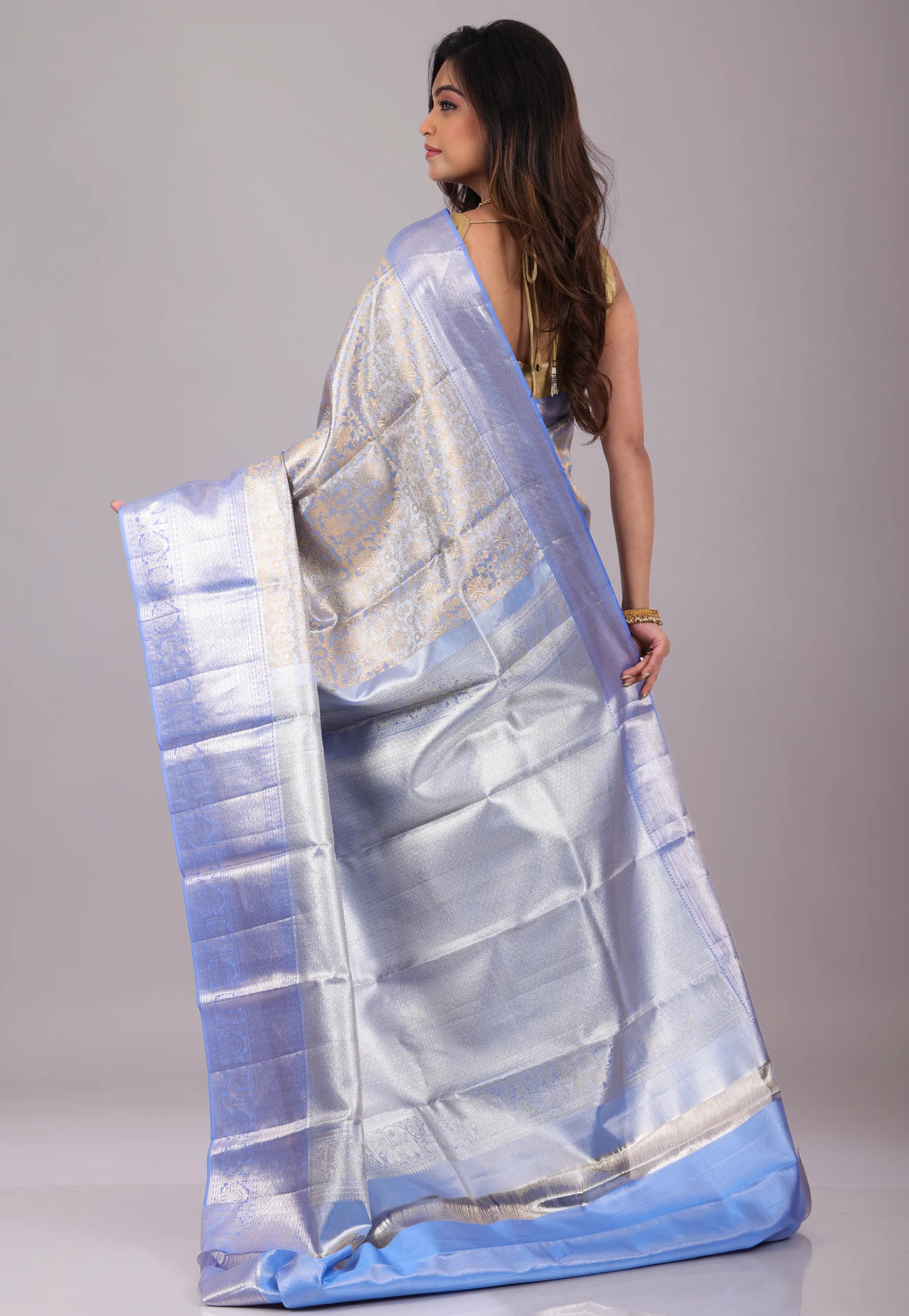 Light Blue with Zari Work Pure Tissue Kanjivaram Silk Saree With Blouse Piece - Adi Akshoy & Co.