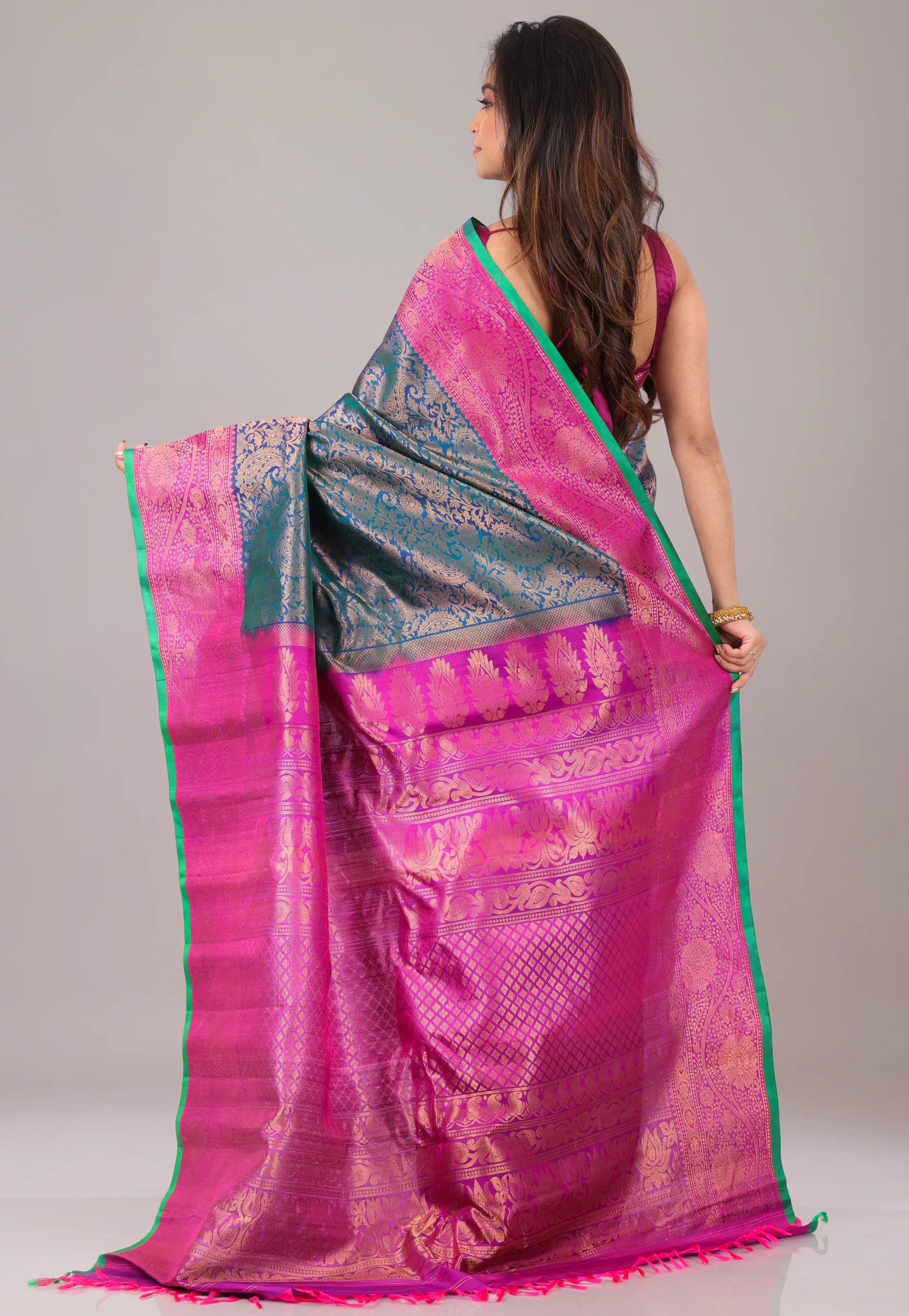 Blue with magenta Border Pure Gadwal Silk Saree With Blouse Piece - Adi Akshoy & Co.
