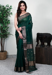 Bottle Green Sico Handloom Saree With Blouse Piece