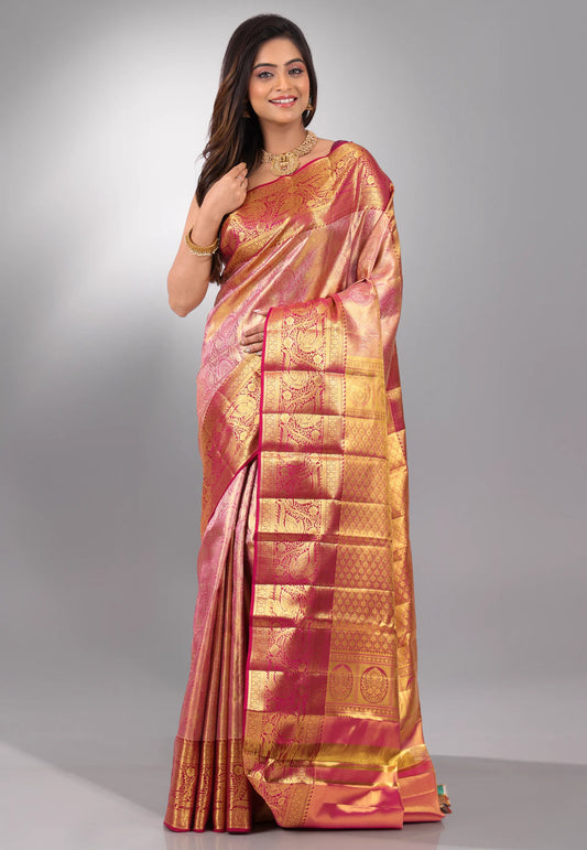 Rani  Pink Brocade Pure Tissue Kanjivaram Silk Saree With Blouse Piece - Adi Akshoy & Co.