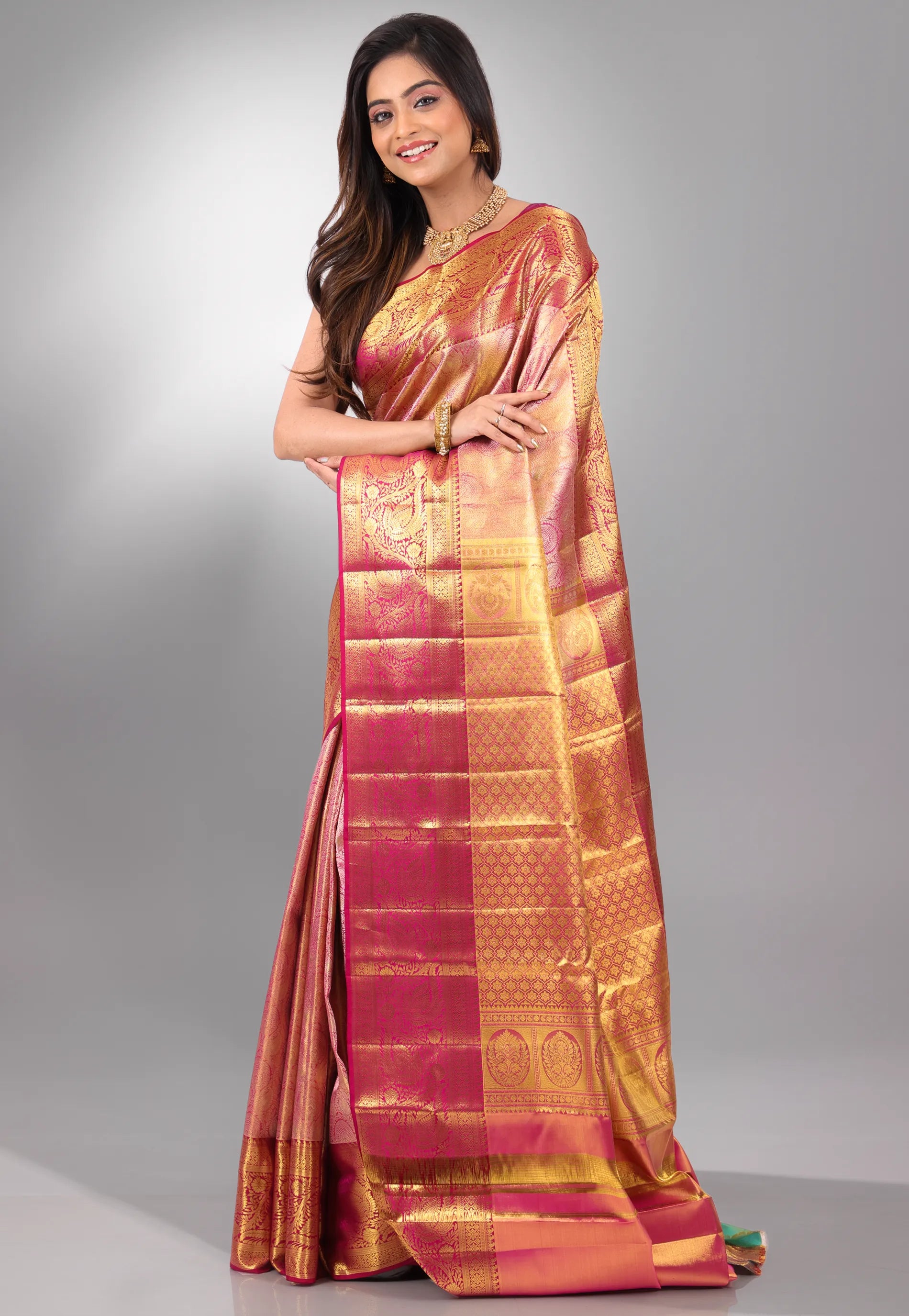 Rani  Pink Brocade Pure Tissue Kanjivaram Silk Saree With Blouse Piece - Adi Akshoy & Co.